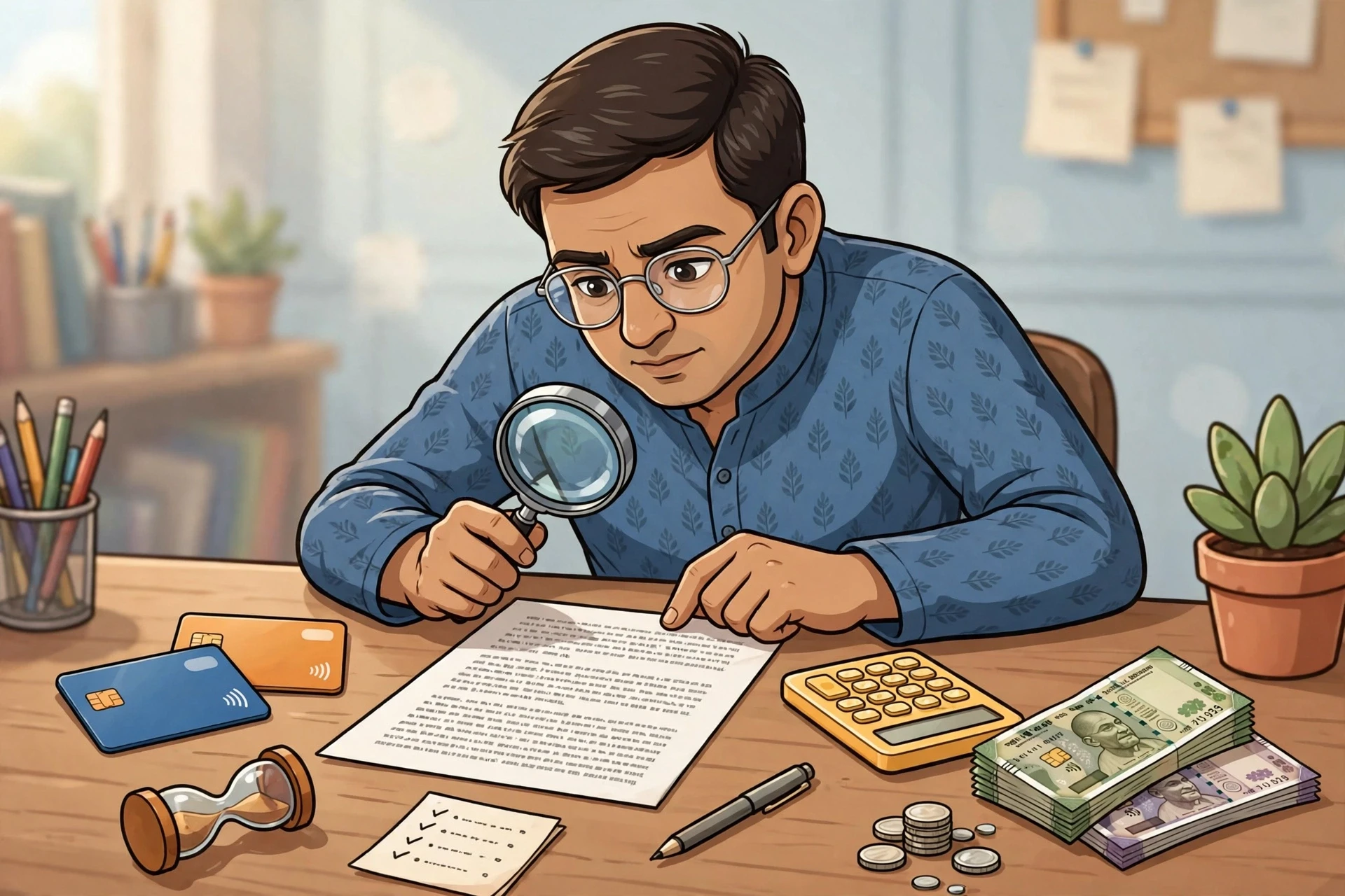 A magnifying glass over credit card terms with calculator and rupee notes