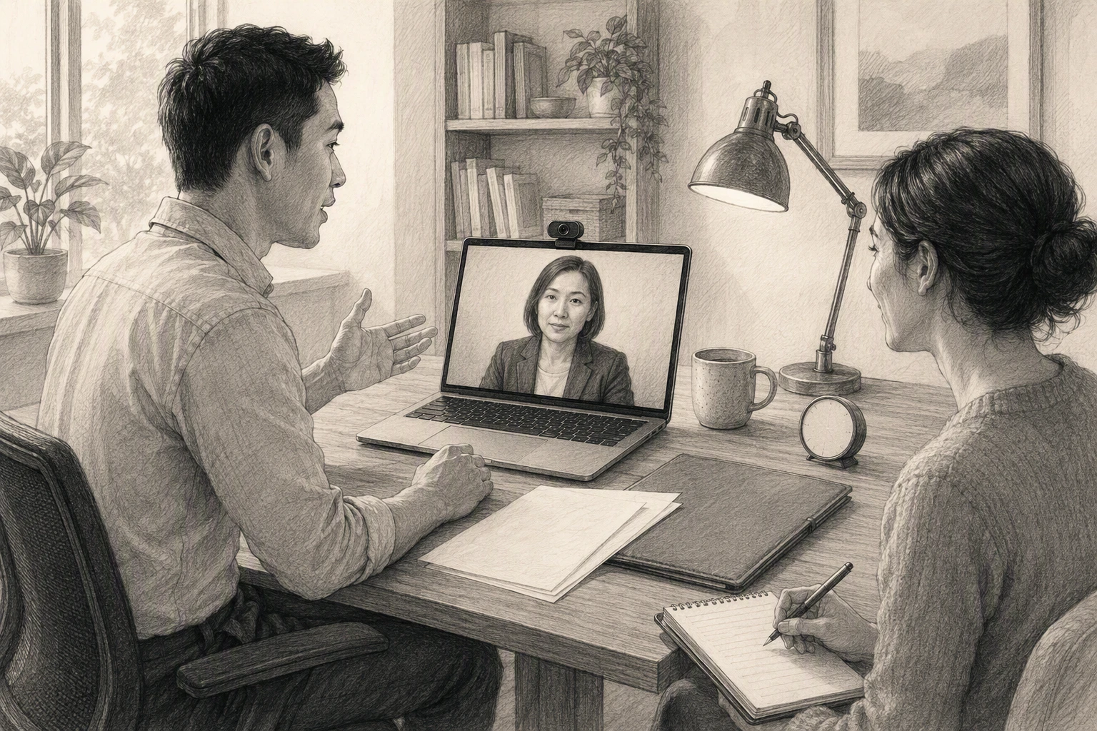 Career changer practicing mock interview on laptop