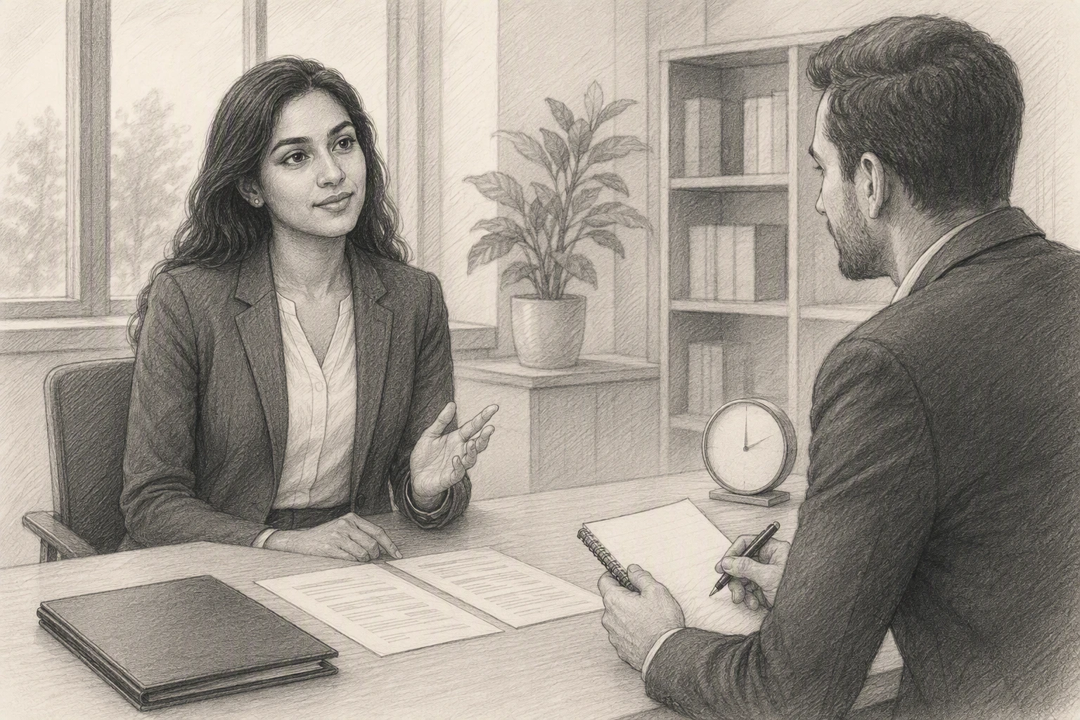 Job seeker pausing thoughtfully before responding in mock interview