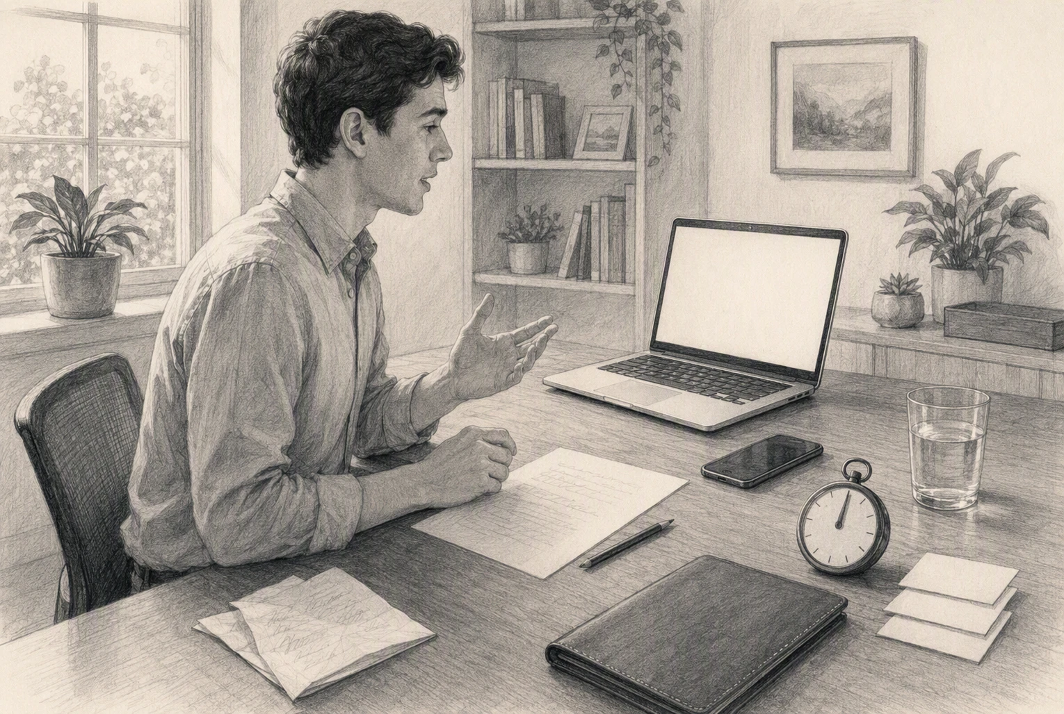 Job seeker practices timed interview response at desk