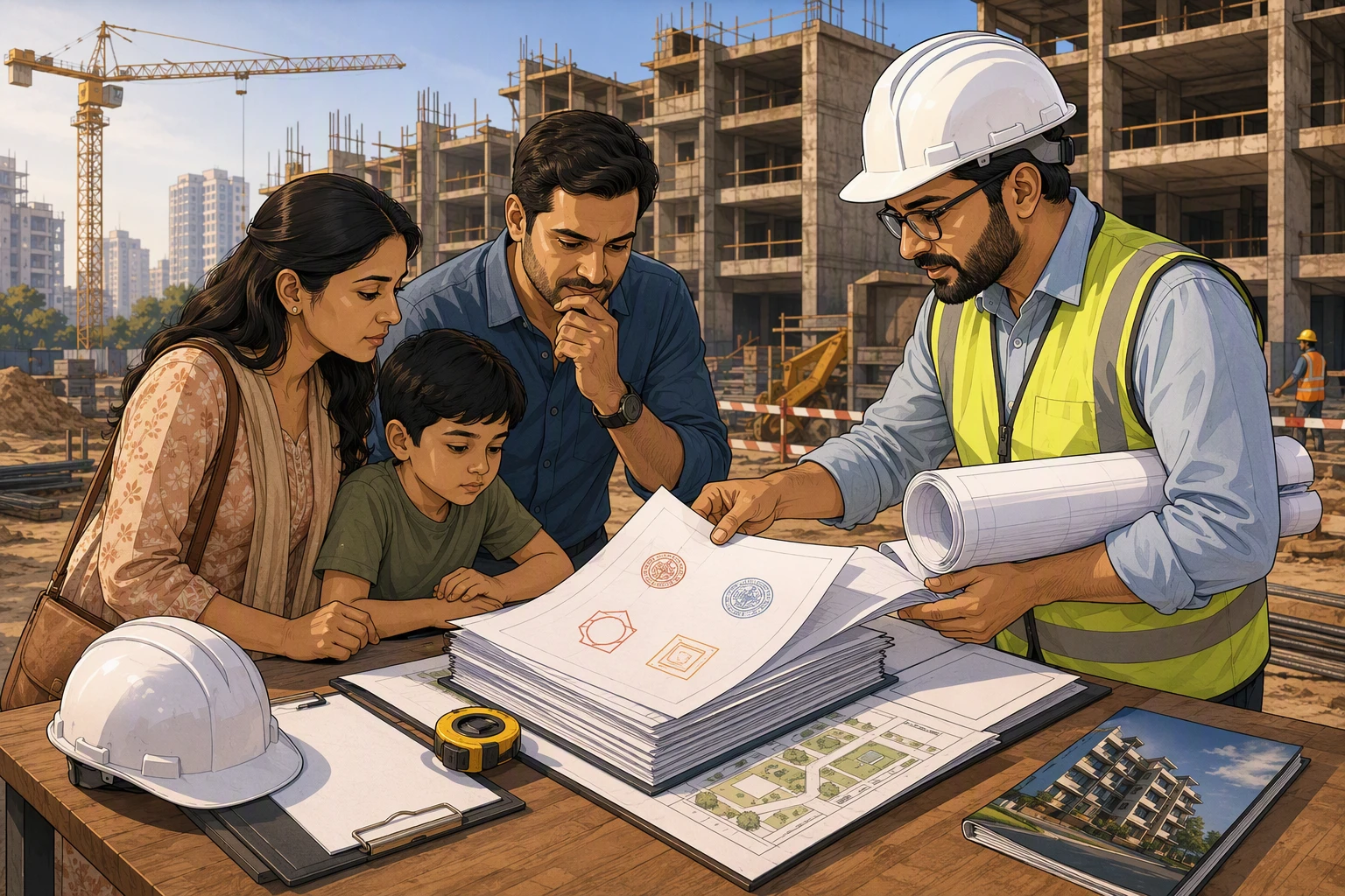 Family reviews RERA documents with architect at Gurgaon site