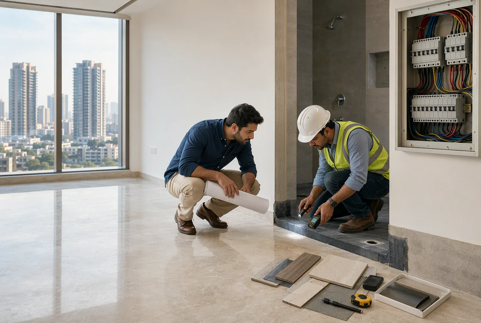 Buyer and engineer examine flooring waterproofing electrical panel