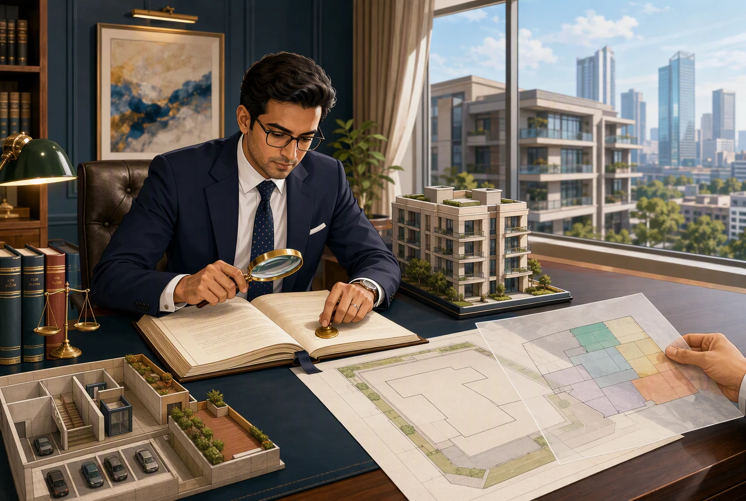 Lawyer examines conveyance deed with plot plan in Gurugram