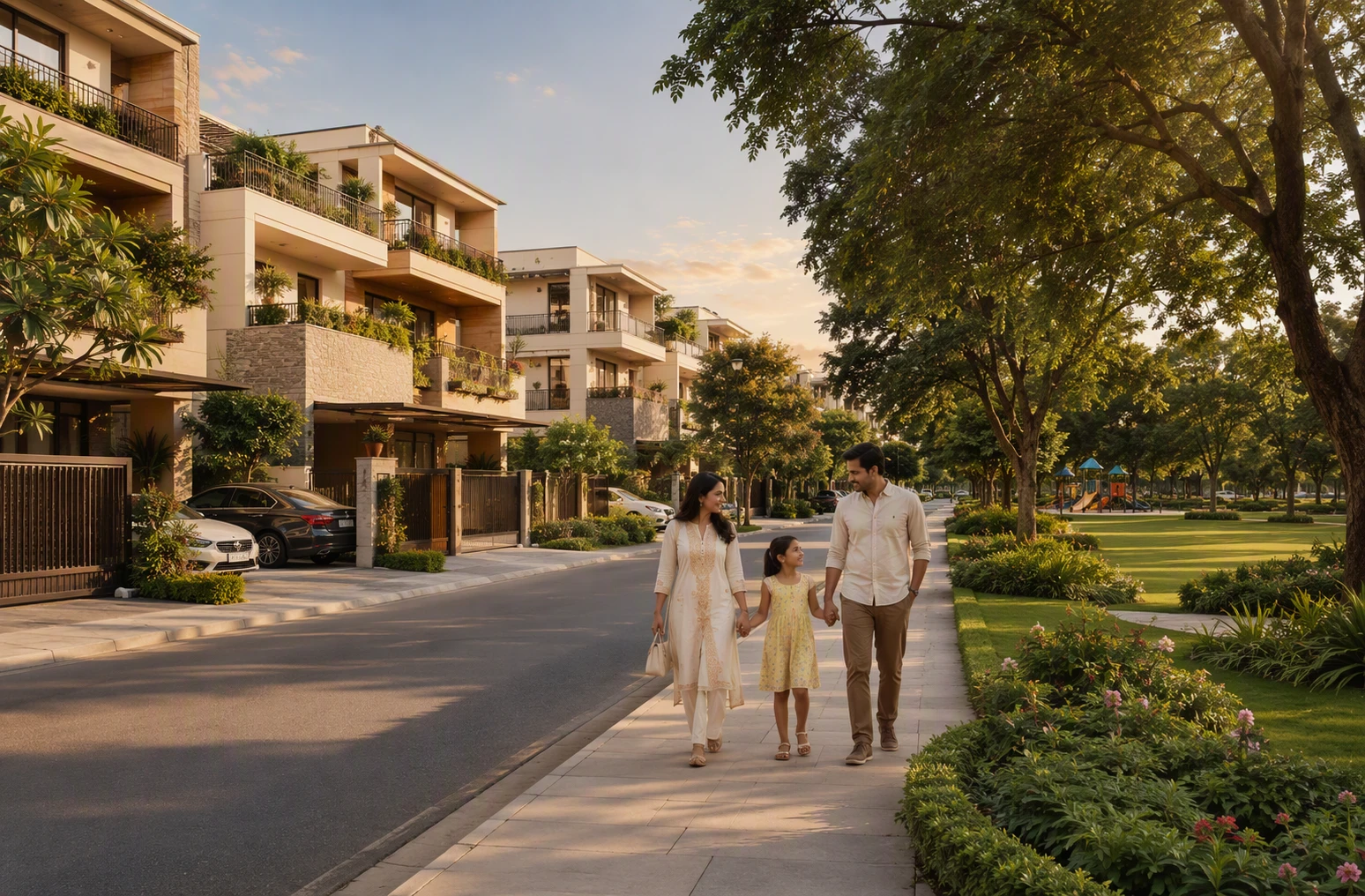 Family strolls through serene Nirvana Country parkland