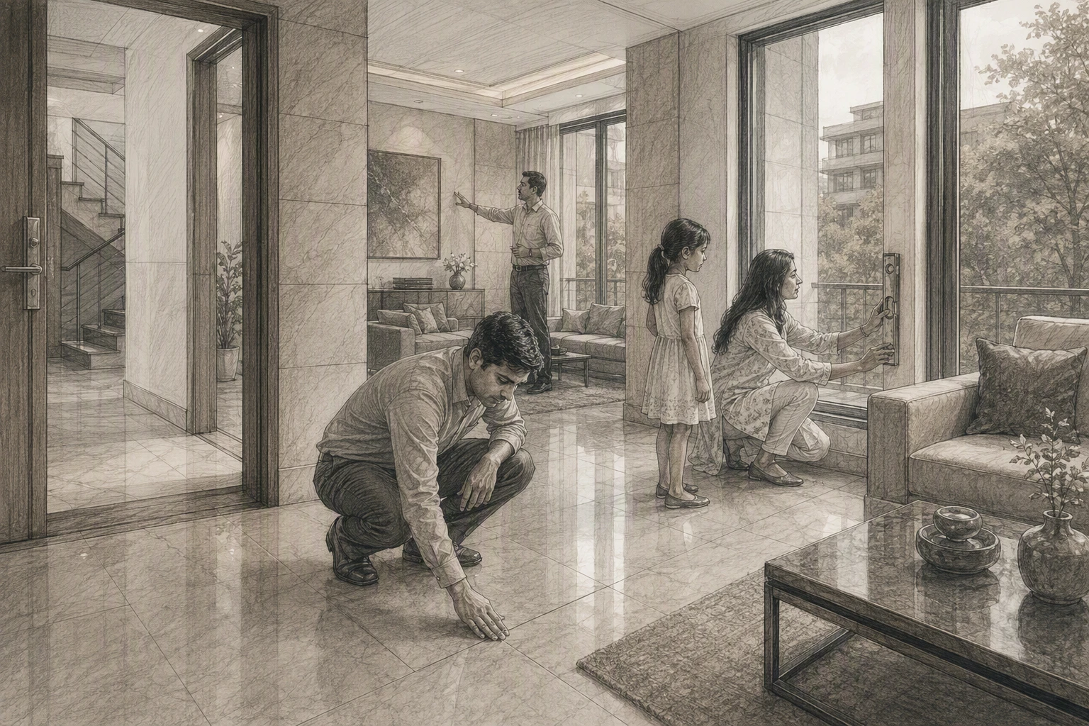 Family examines stone flooring and window precision in a completed Gurgaon home