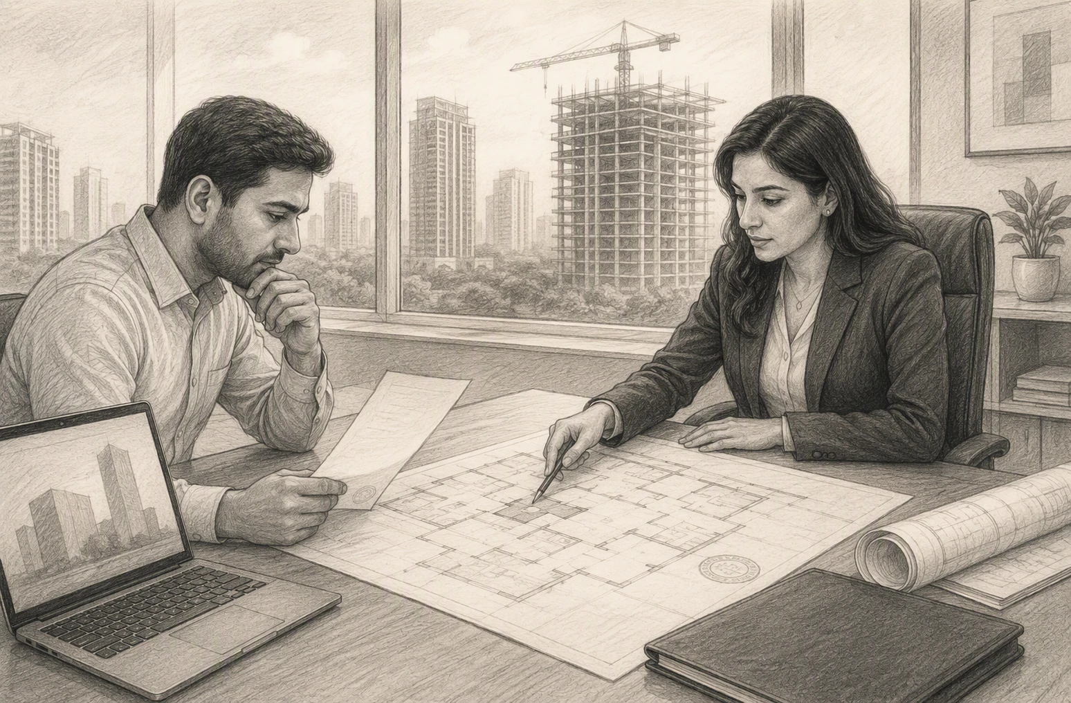 Buyer and lawyer reviewing HRERA project approvals