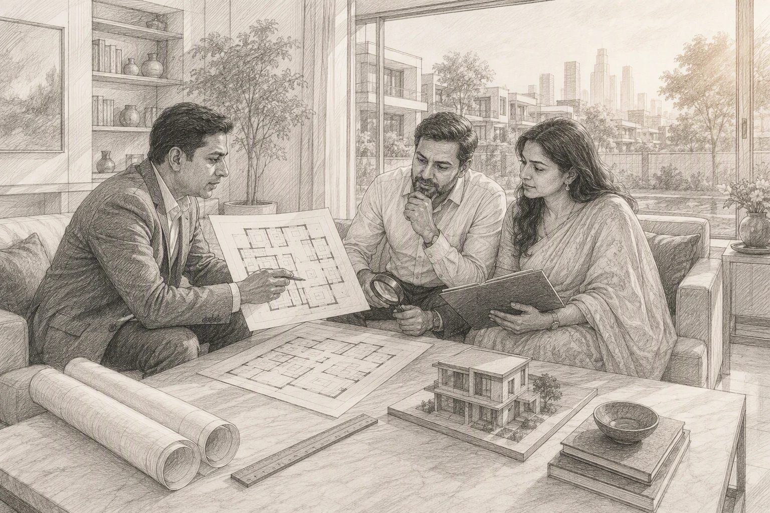 Couple reviewing Homezop floor plans with architect in Gurgaon living room