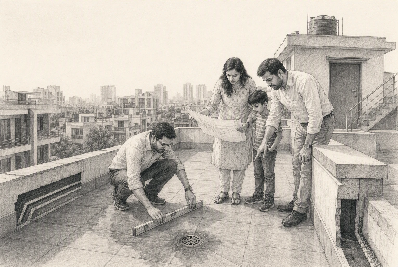 Family examines terrace drainage and finishes