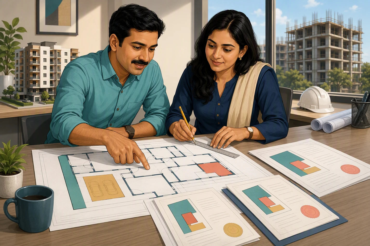 Buyer and architect cross-checking floor plans with legal documents