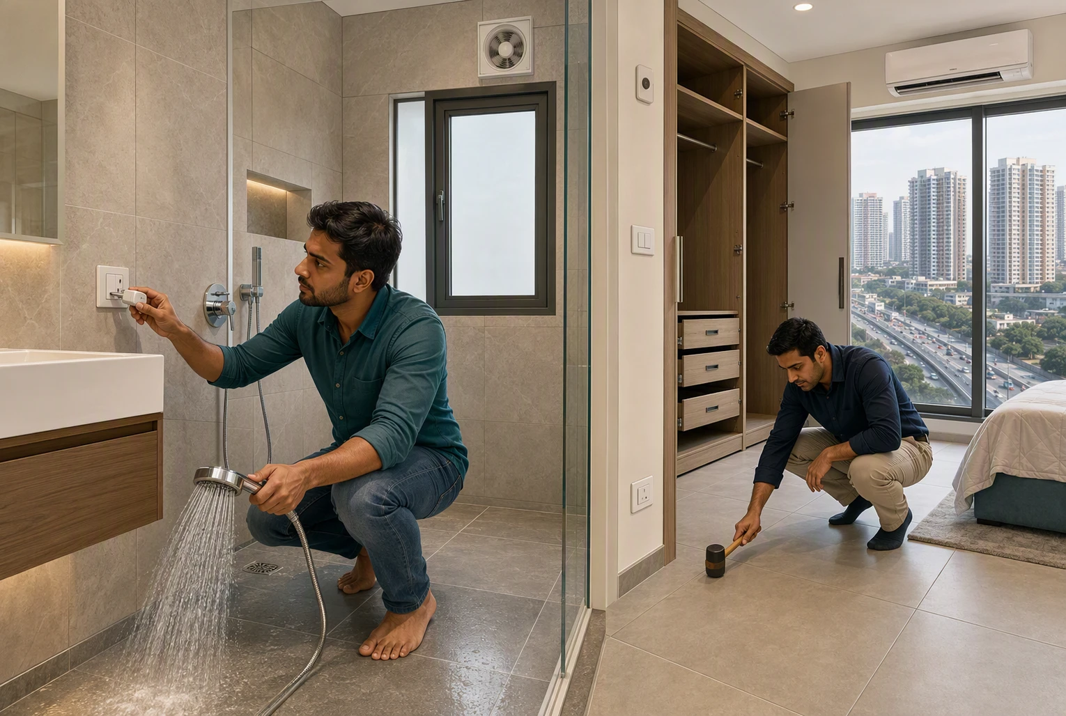 Testing shower flow and electrical sockets in a new apartment