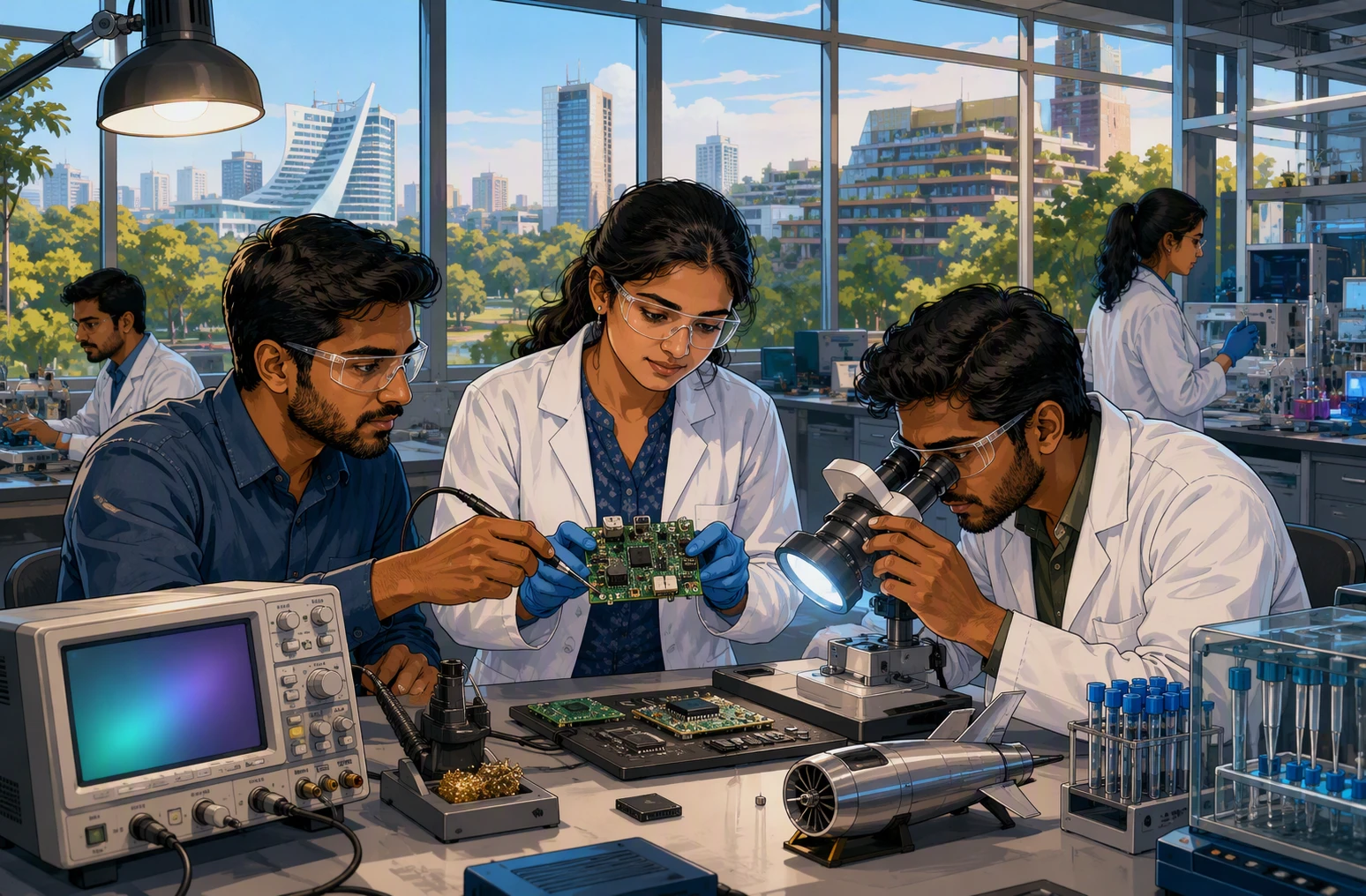 Engineers collaborating over circuit prototypes in Bengaluru lab