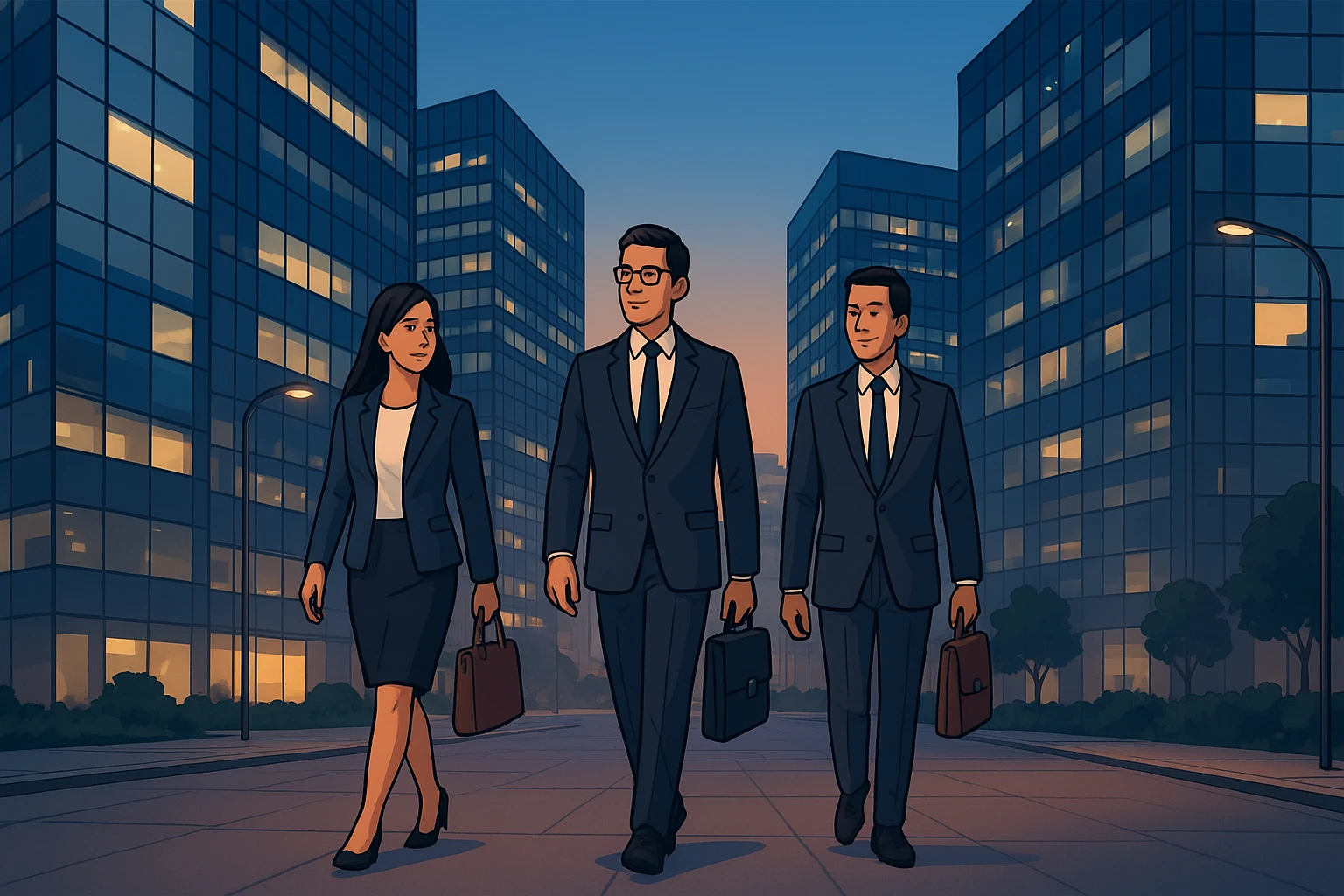 Executives stride past towering glass skyscrapers at dusk in Gurugram Cyber City