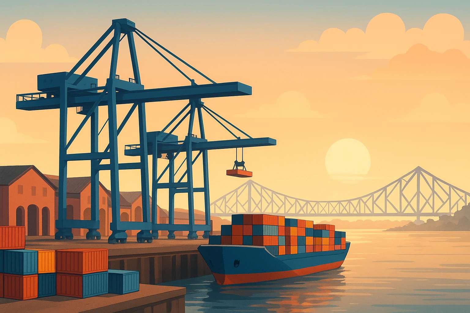 Kolkata port cranes loading cargo at dawn