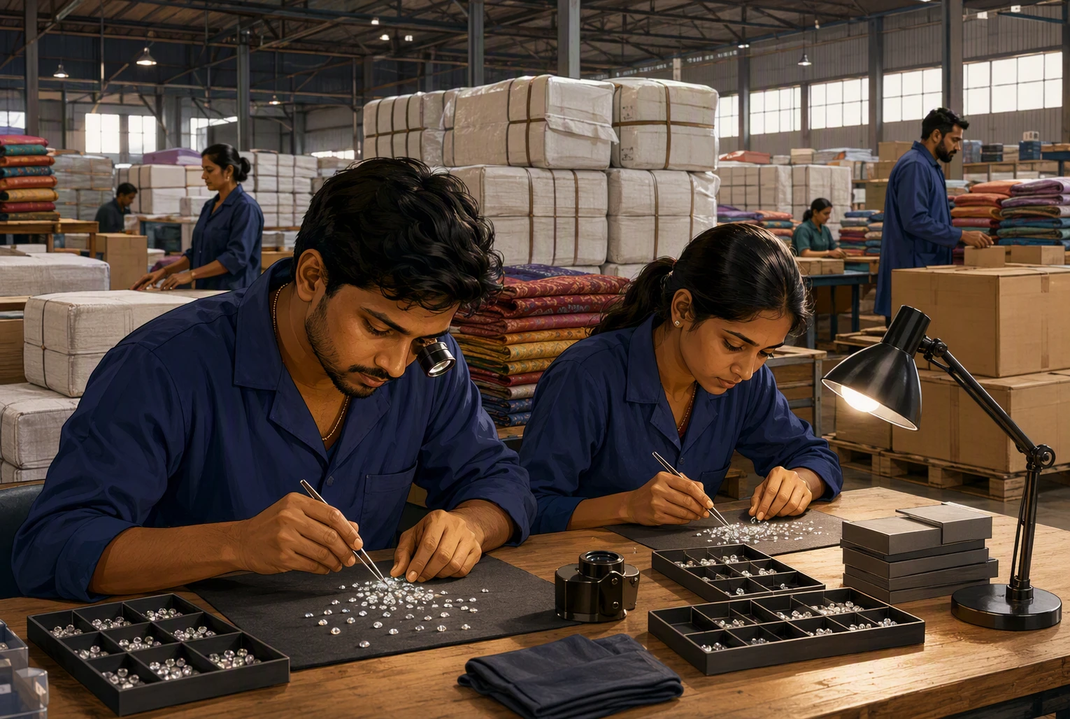 Diamond polishers and textile bales in Surat warehouse