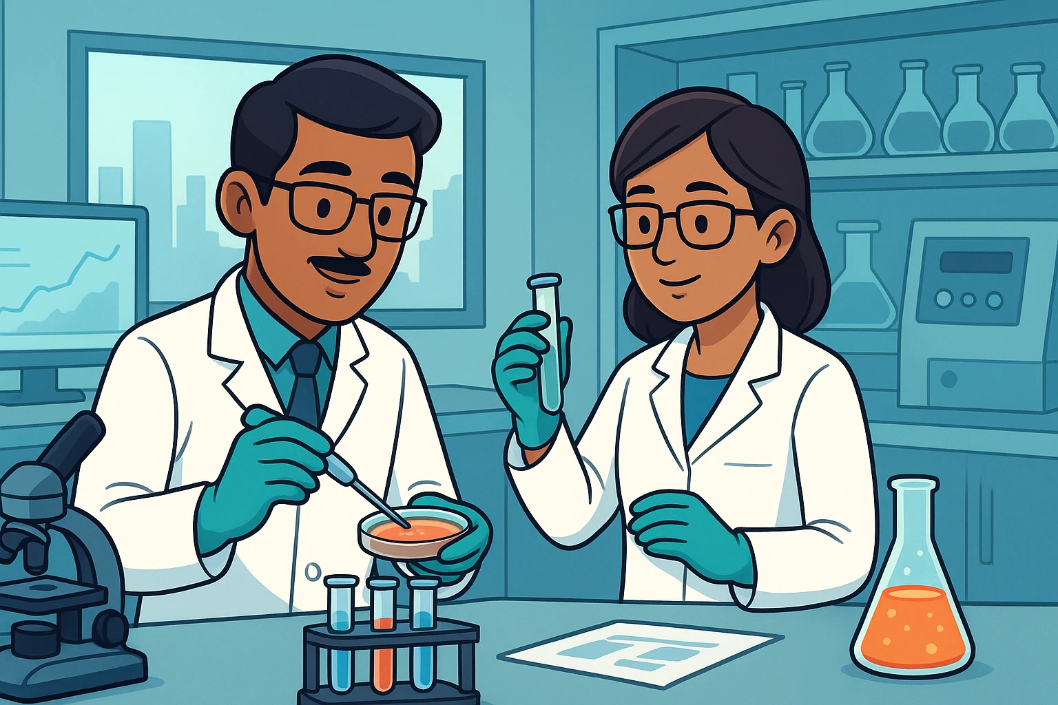 Biotech researchers analyze samples in Hyderabad lab
