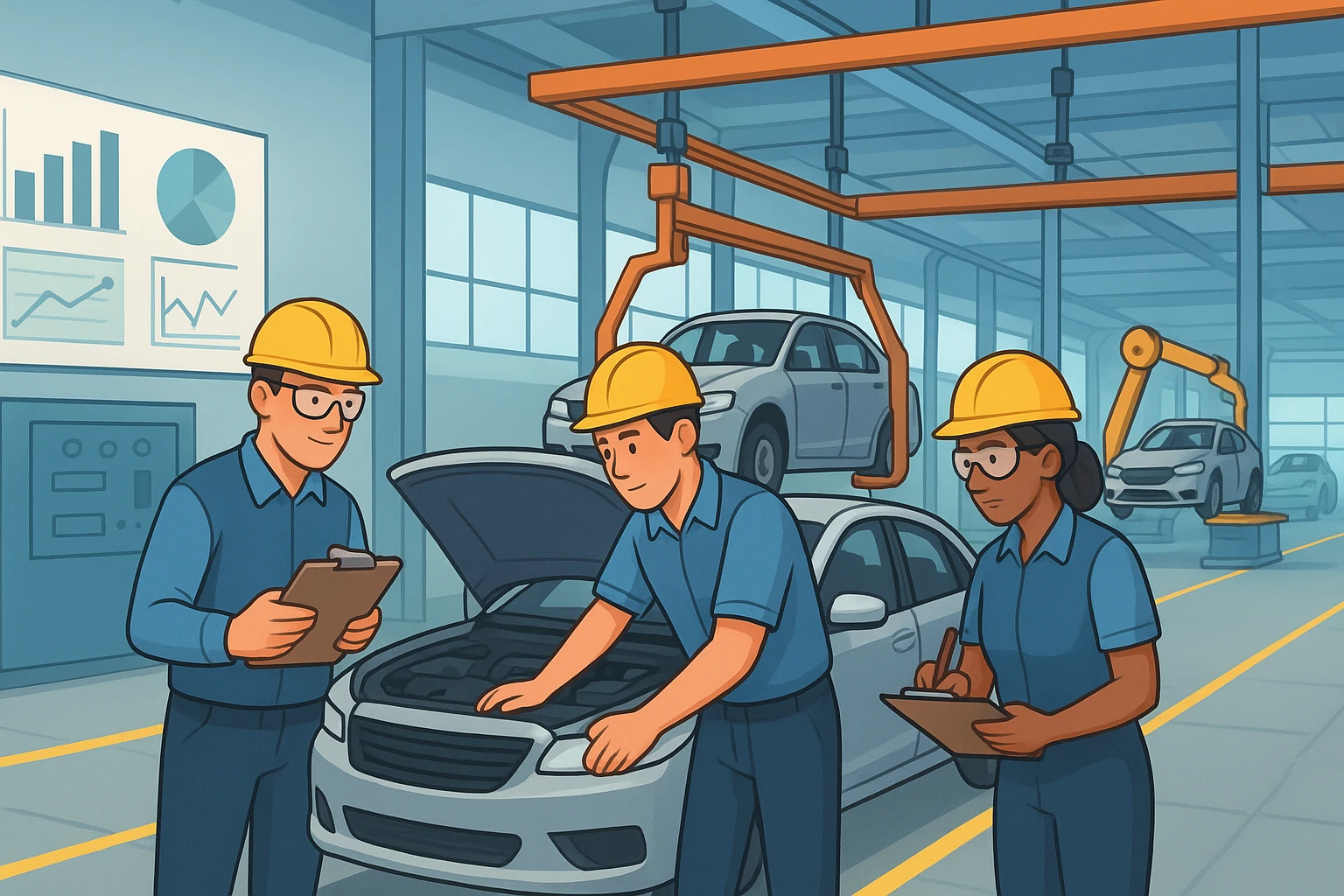 Automobile workers inspecting vehicles in Chennai plant
