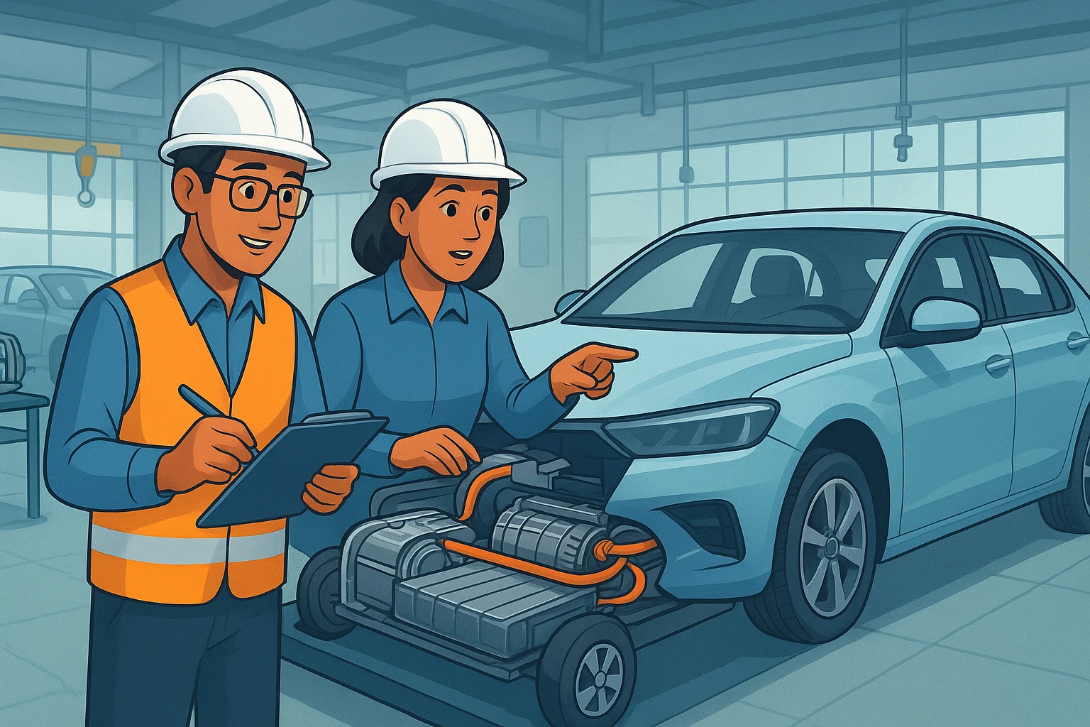 Engineers examine EV components in Pune workshop