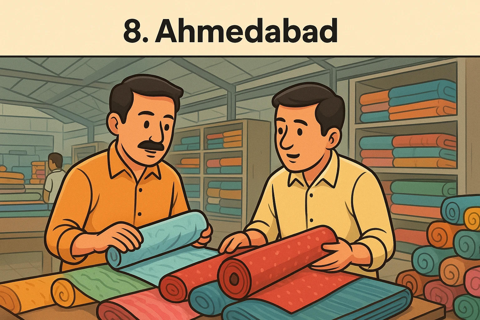 Textile merchants inspecting fabric rolls in Ahmedabad’s bustling wholesale market