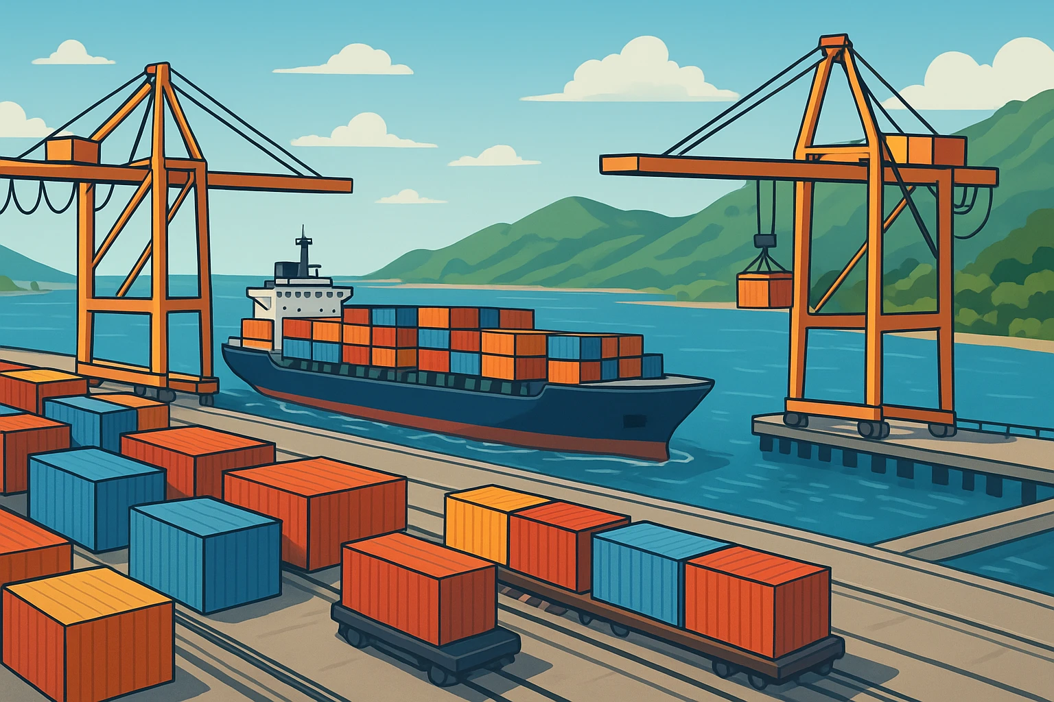 Coastal port activity with cargo ships and hills
