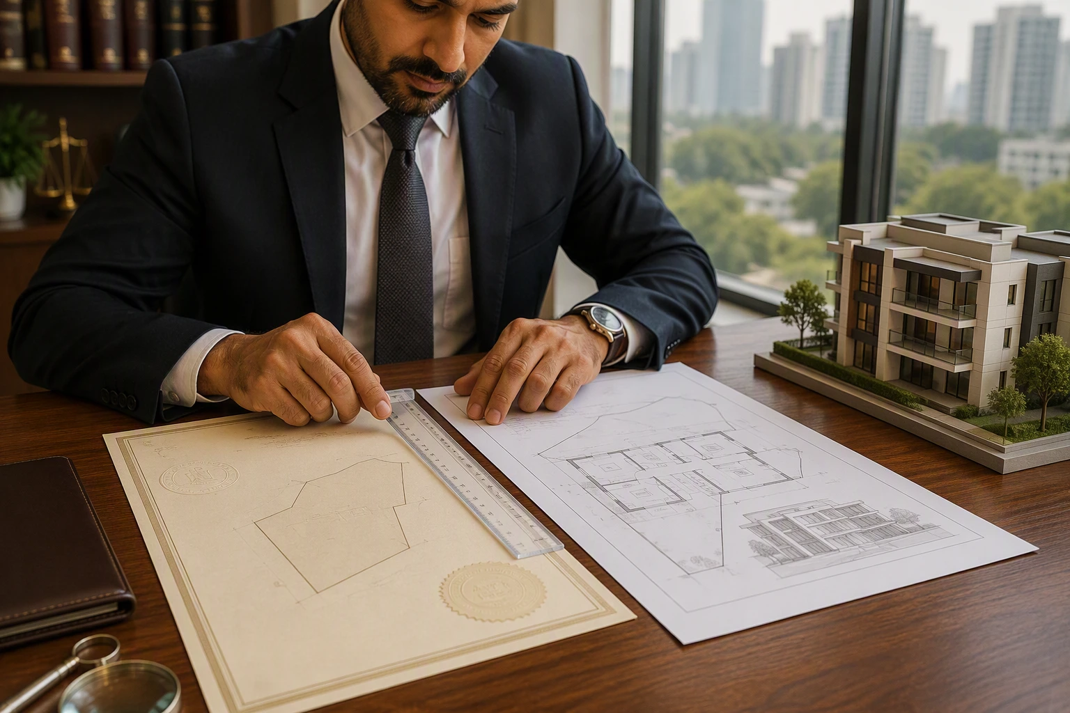 Lawyer comparing plot deed with building plan