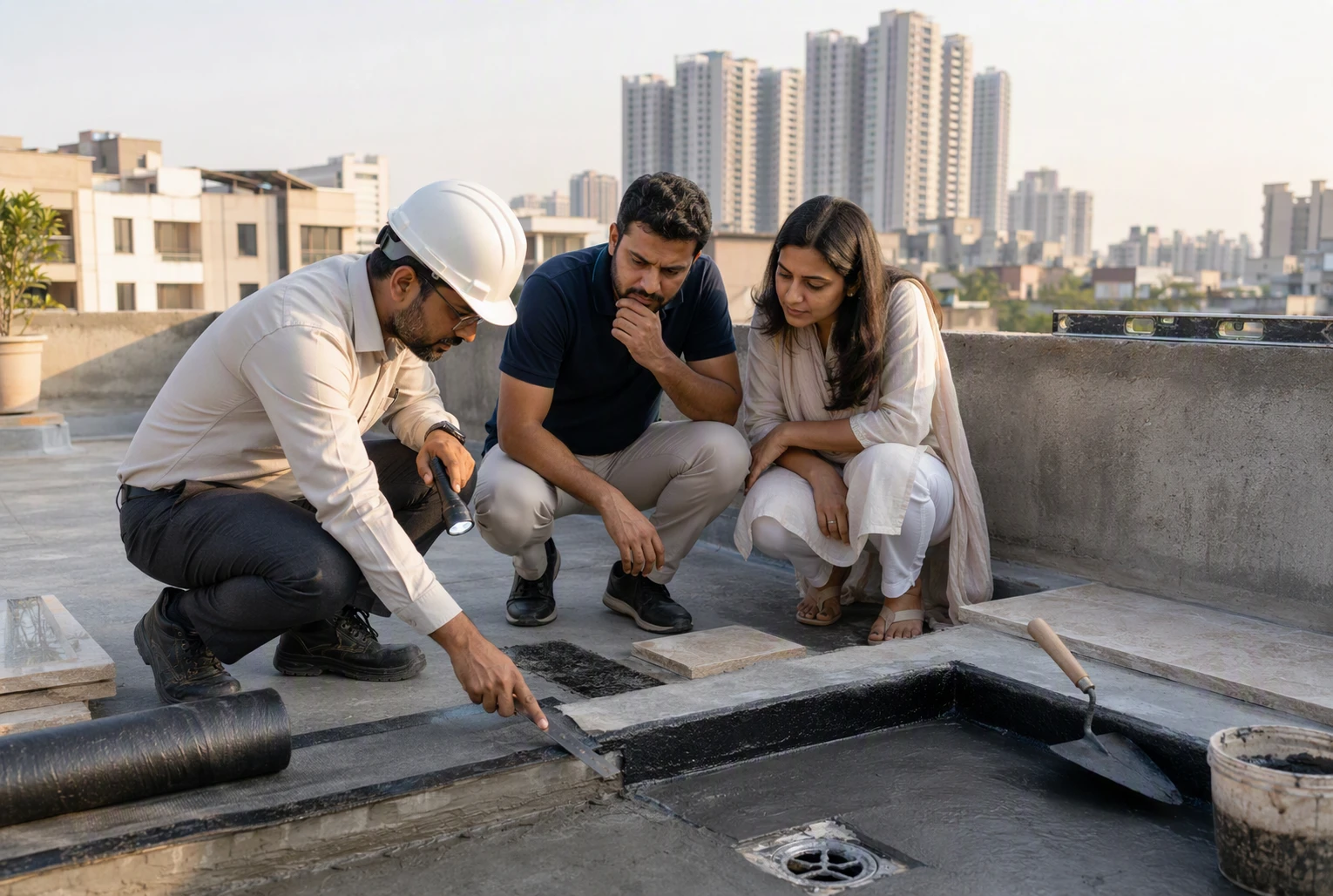 Architect inspecting terrace waterproofing with homeowner