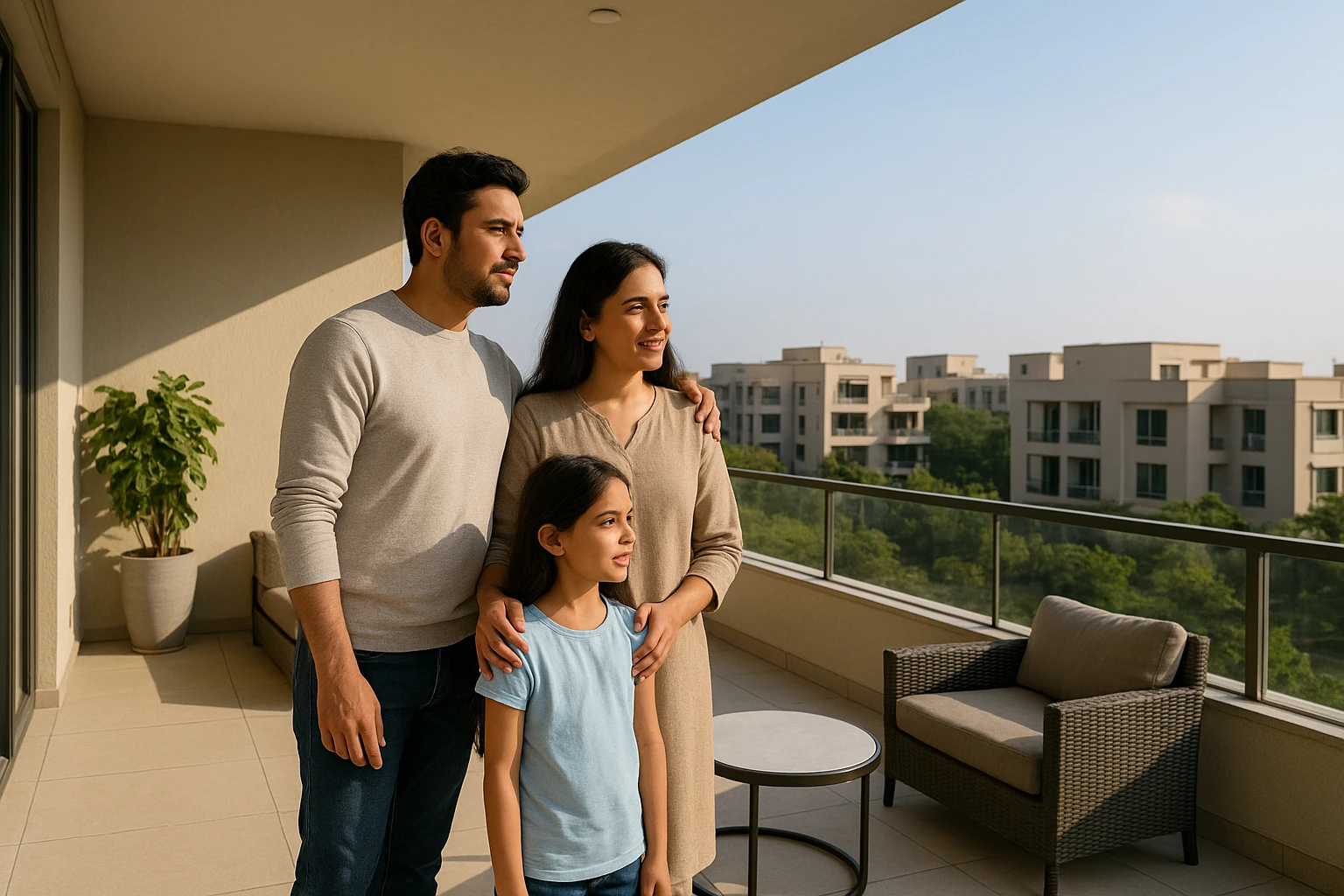 Sunlit family inspecting private terrace floor