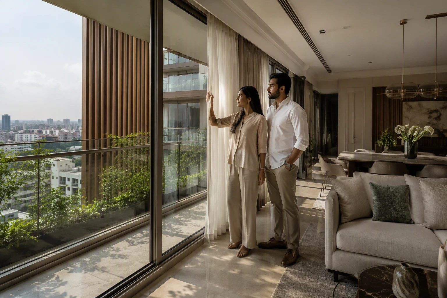 Sunlit couple examining private balcony sightlines