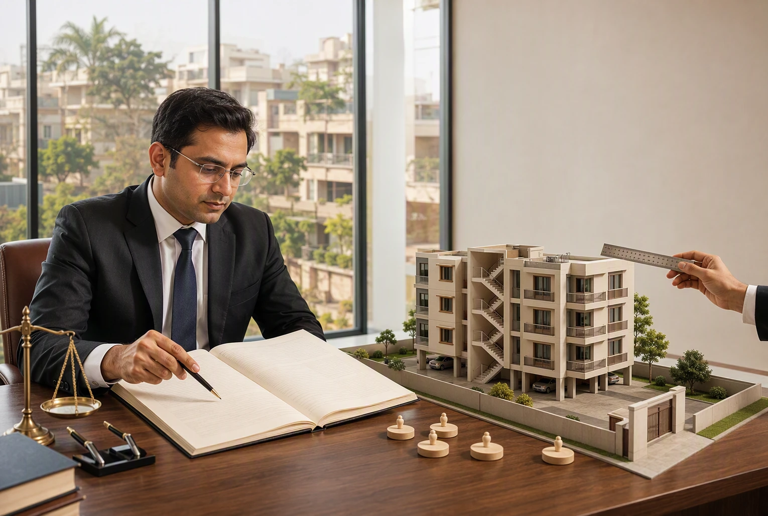 A property lawyer reviews a builder floor sale deed beside a site map