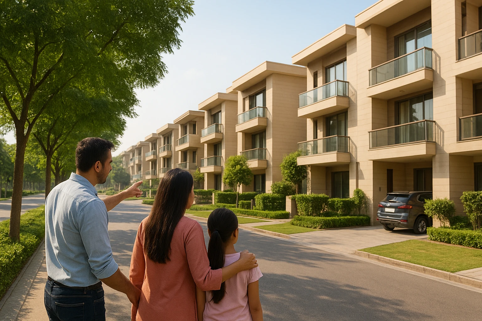 Family reviewing tree-lined plotted street homes