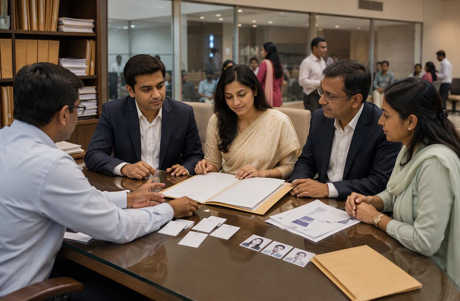 Buyer seller and witnesses reviewing property documents