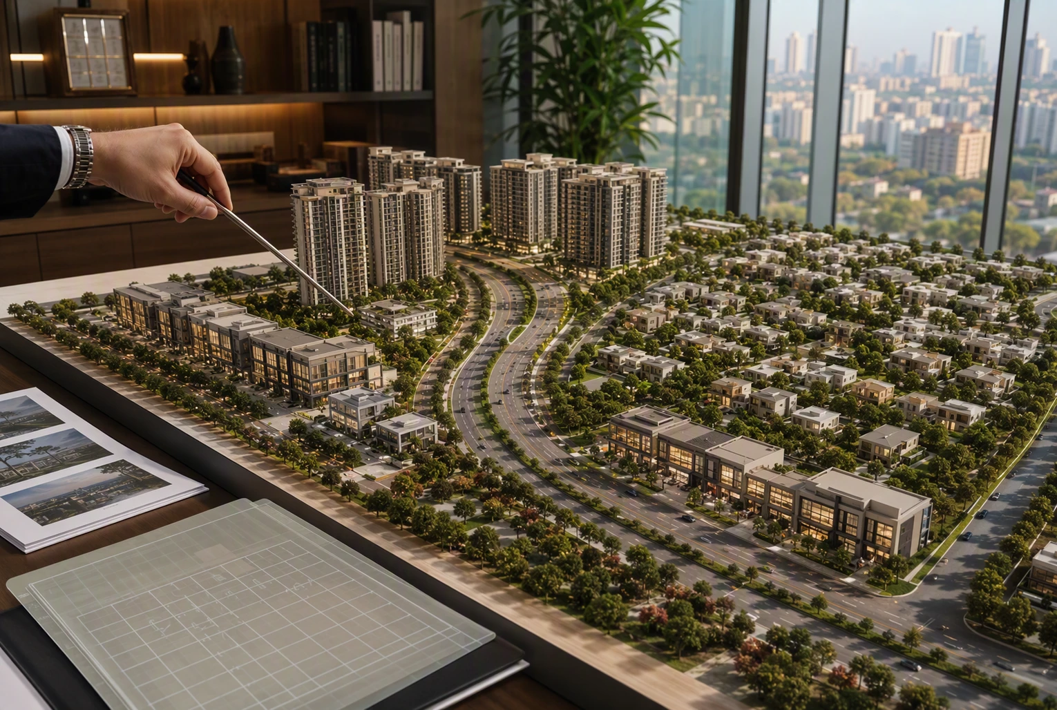 Aerial view of Gurugram residential corridors at dusk