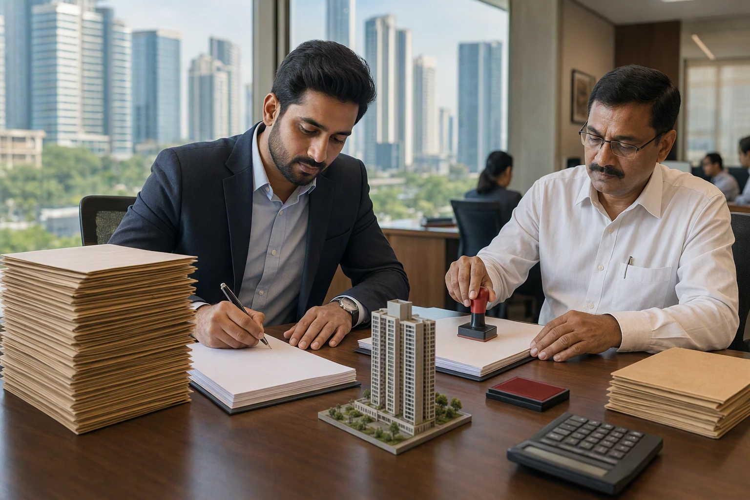 Modern office desk with property documents and calculator