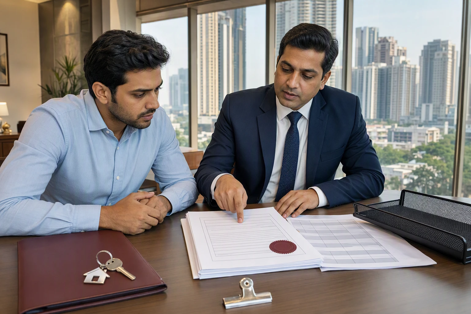 Lawyer and buyer reviewing final rate schedule