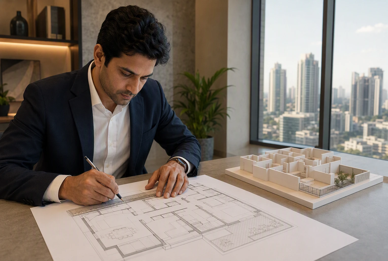 Architect reviewing floor plan with balcony details