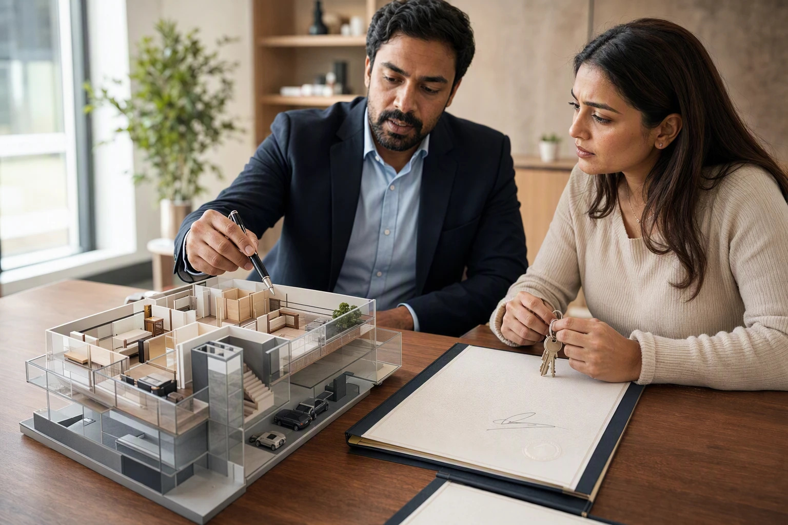 A lawyer and buyer comparing approved floor plans