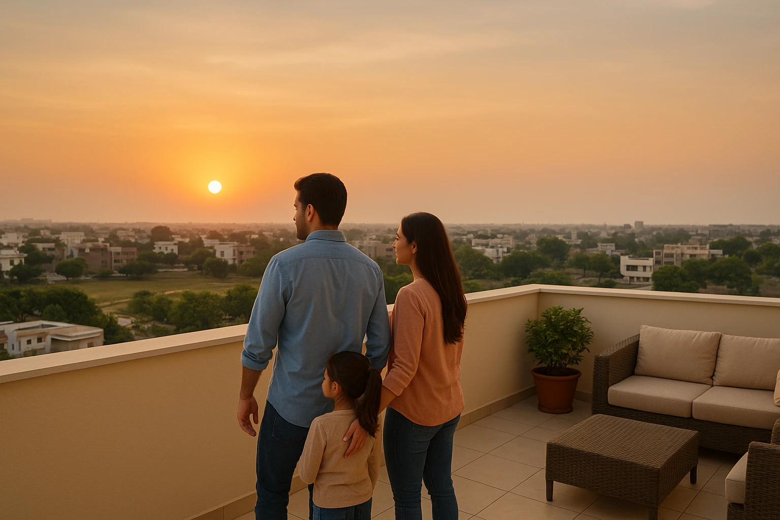 Family viewing spacious low-rise floor at sunset