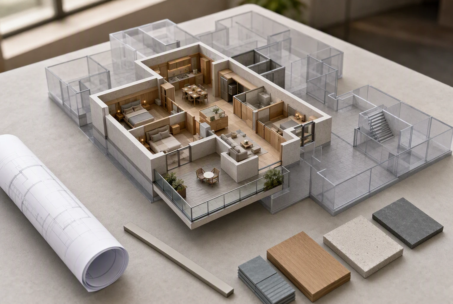A cross-section of a residential apartment showing floor layers