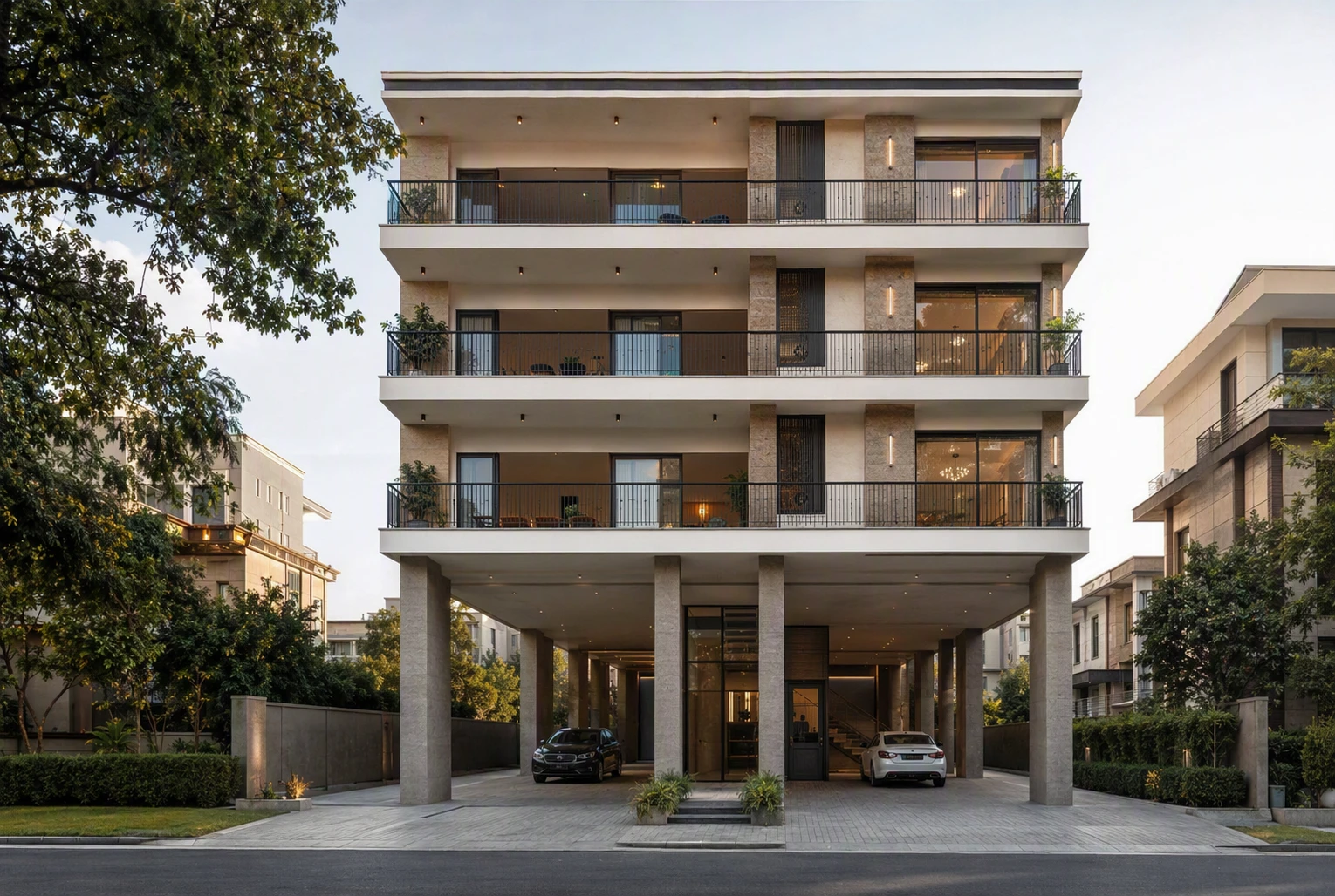 Modern Indian residential building exterior with stilt parking