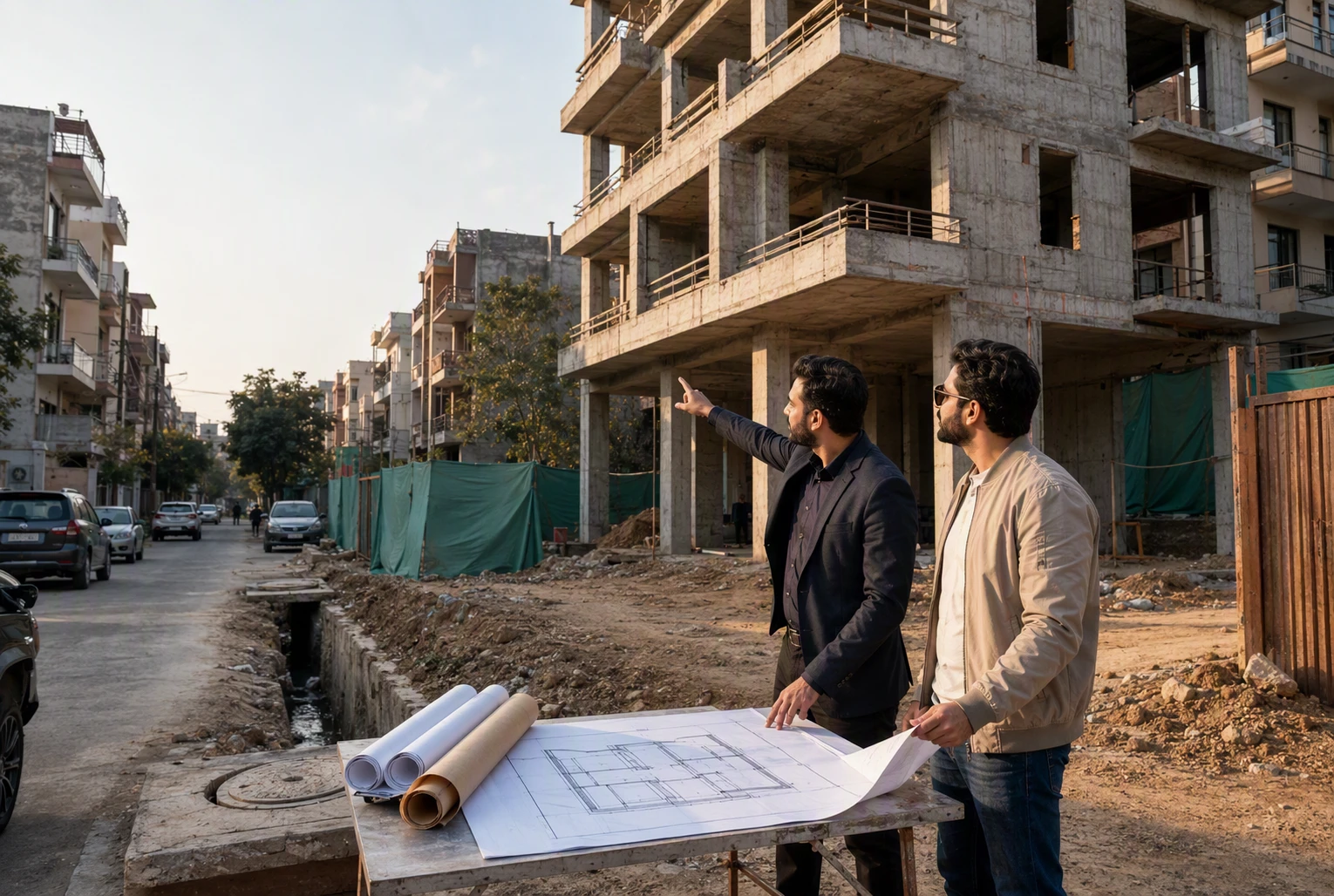 Architect and buyer reviewing building plans outdoors