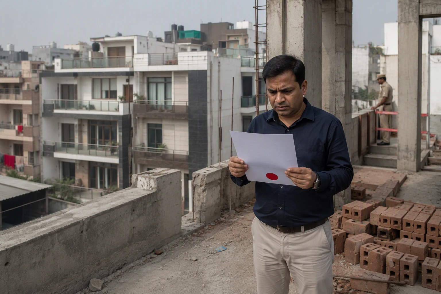Homeowner reviewing demolition notice beside unfinished terrace