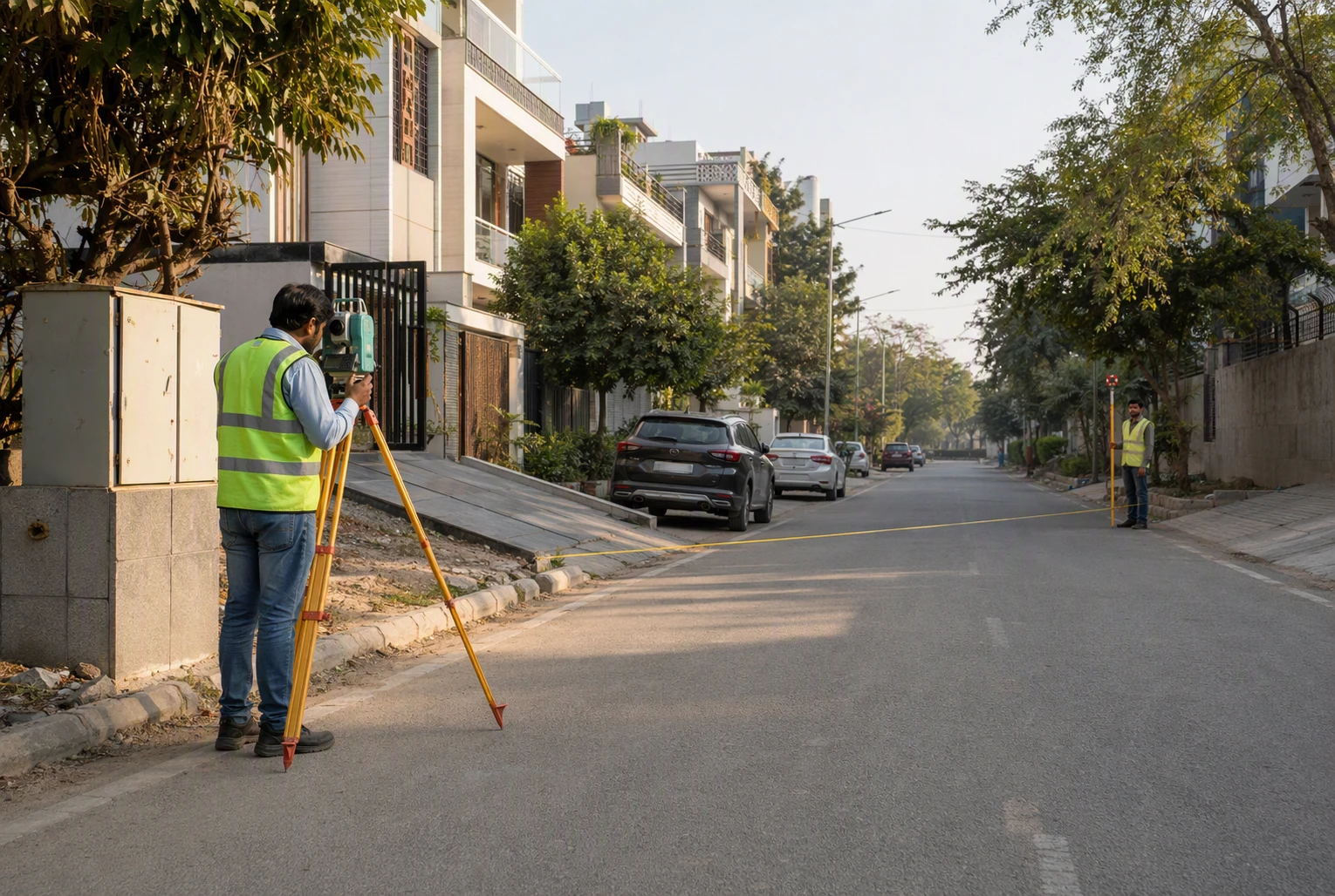 Surveyor measuring Gurugram street frontage width