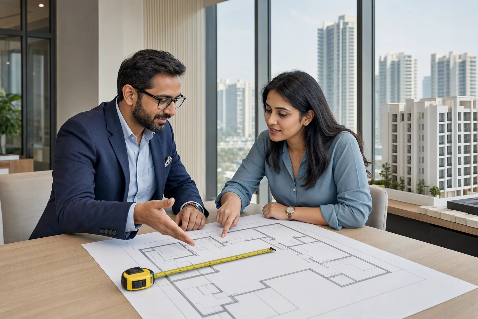 Architect and buyer reviewing Gurugram floor plan