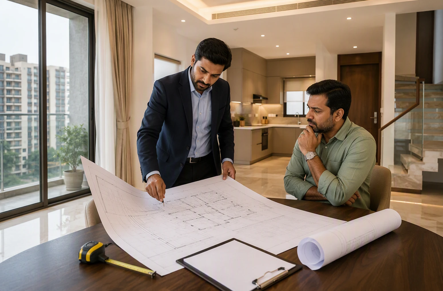 Bank valuer reviewing approved floor drawings