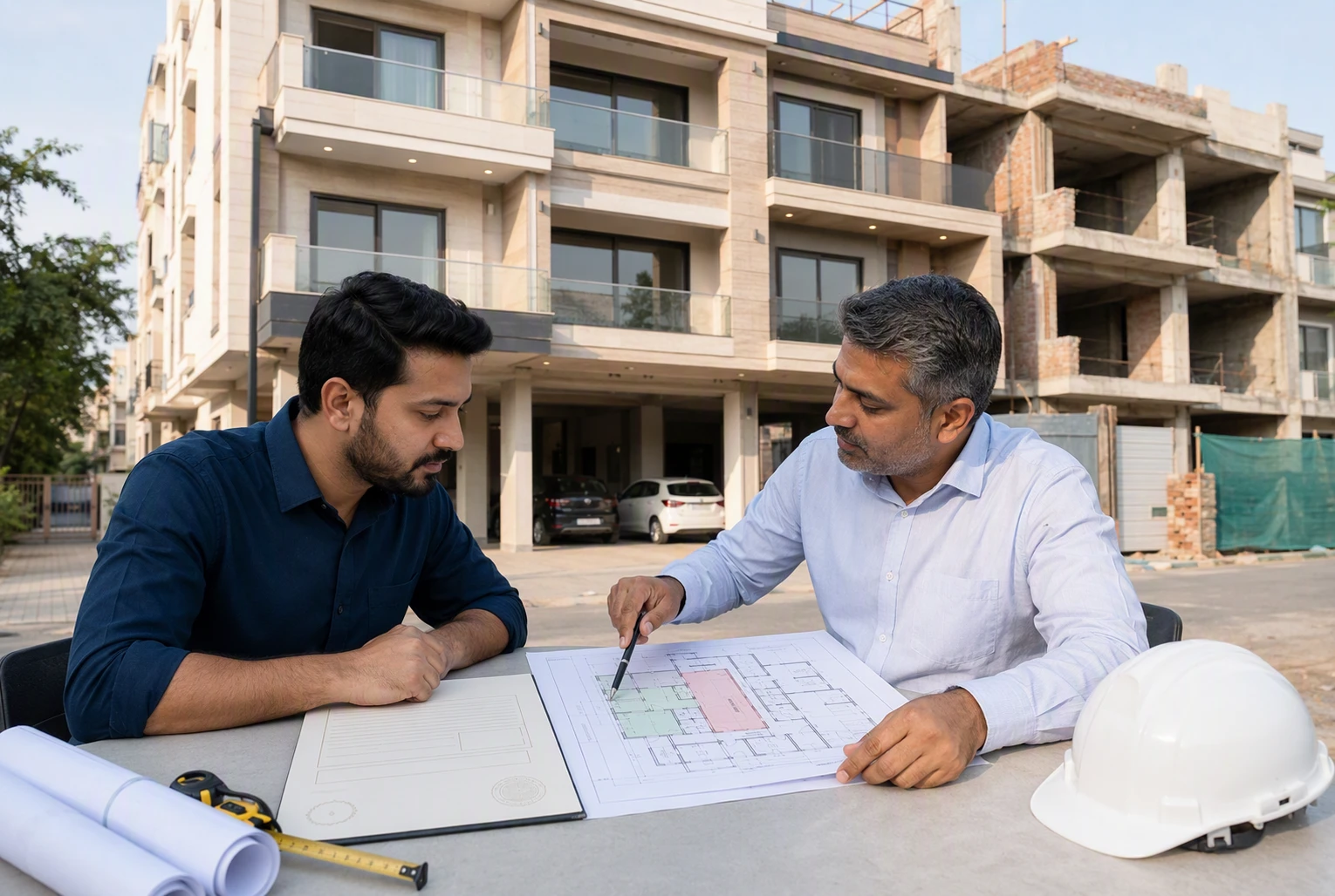 Buyer and architect reviewing occupancy approval documents outdoors