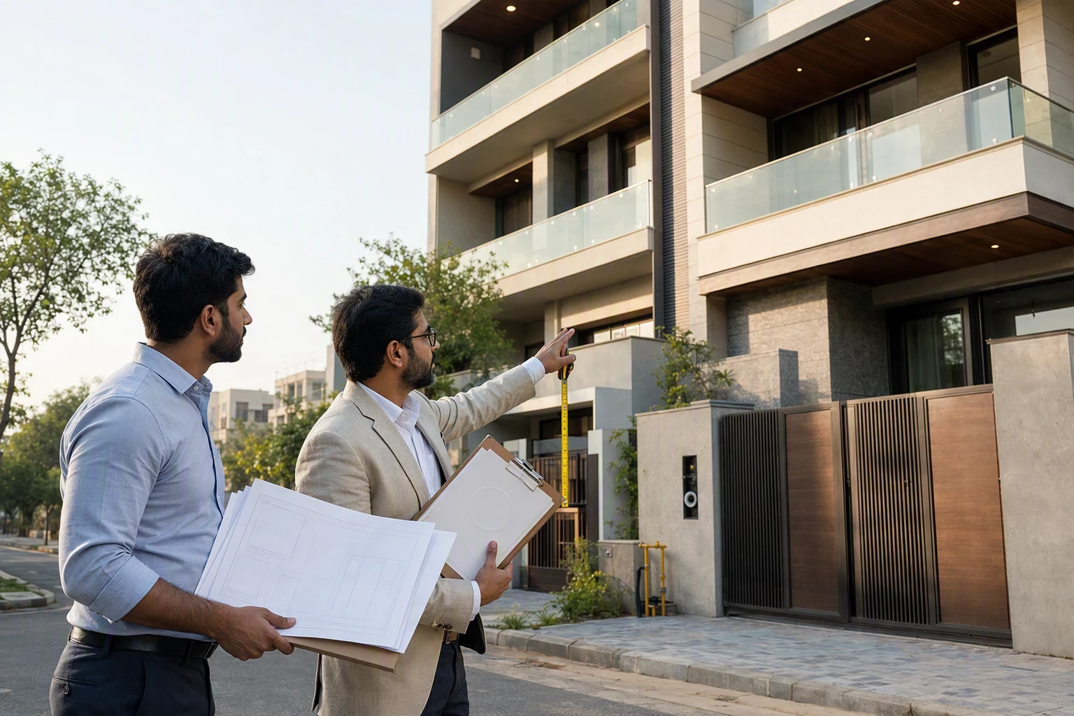 Buyer reviews approved building plans with official stamps