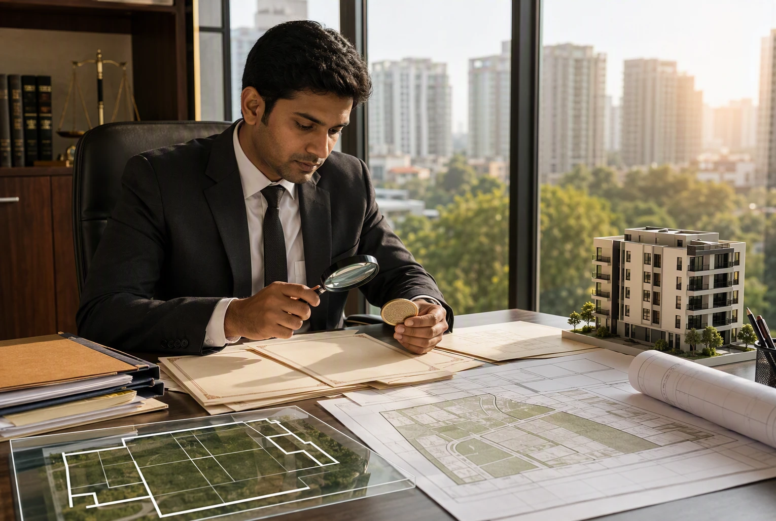 Lawyer reviewing title deeds beside site plans