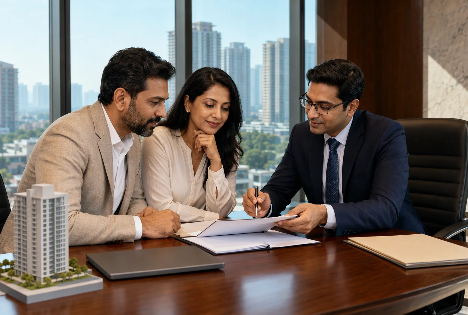 NRI couple reviewing loan documents with banker