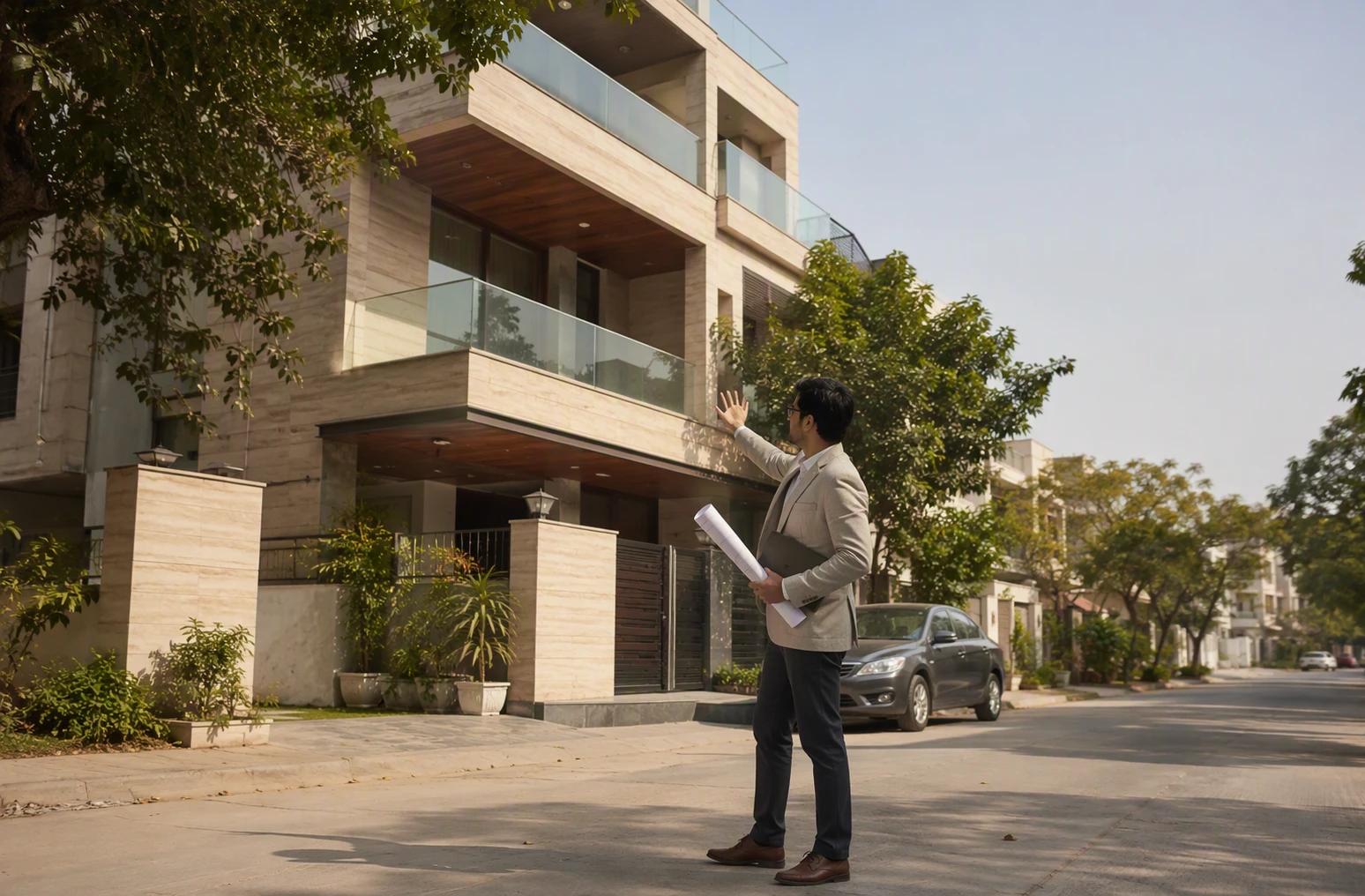 Architect reviewing low-rise facade on quiet street