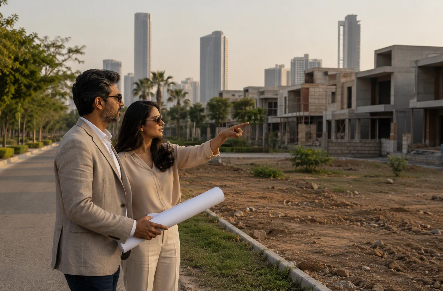 Couple reviewing low-rise home site plot