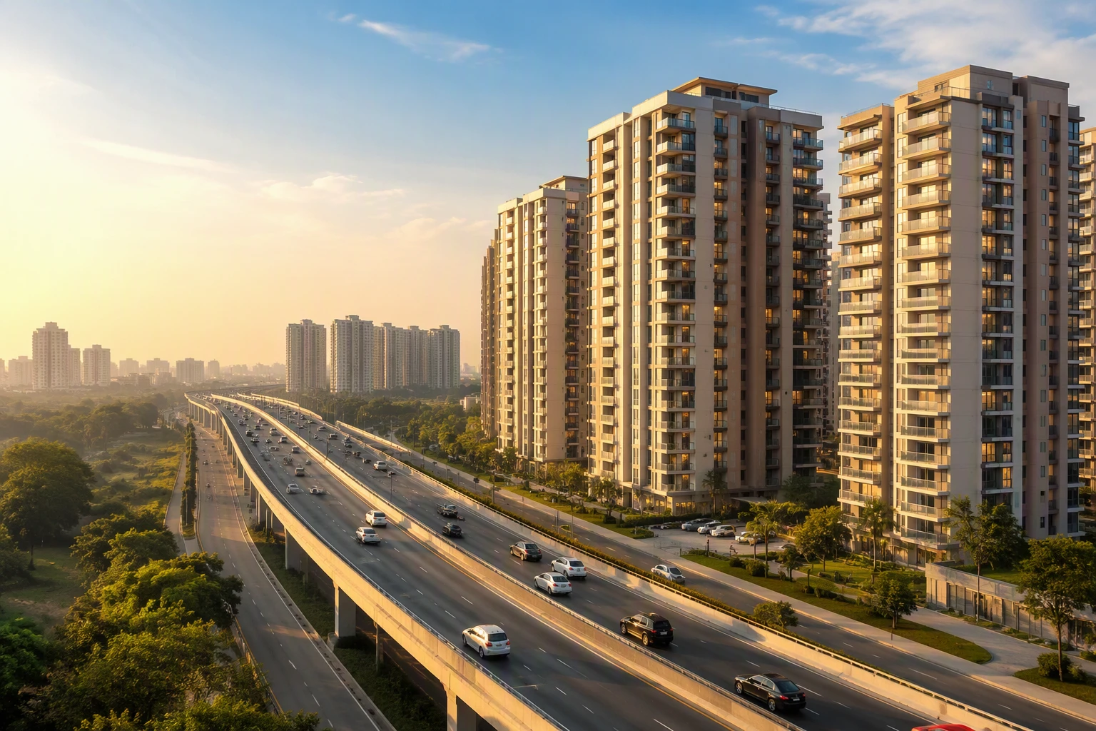Cars on Dwarka Expressway beside occupied Gurgaon towers